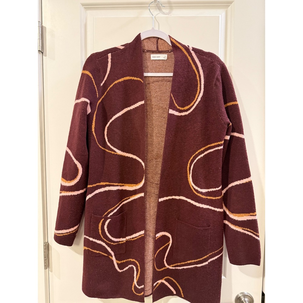 Nine West Womens Burgundy Abstract Swirl Open Front Knit Cardigan Sweater XS